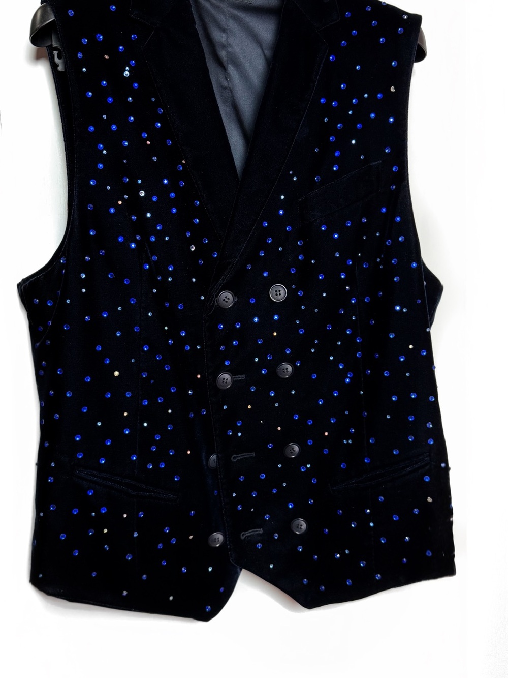 Giorgio Armani Black Velvet Double-Breasted Vest with Blue Embellishments